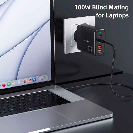 Chargeur rapide 100W GaN à 4 ports – puissance, sécurité et design compact pour tous vos appareils.