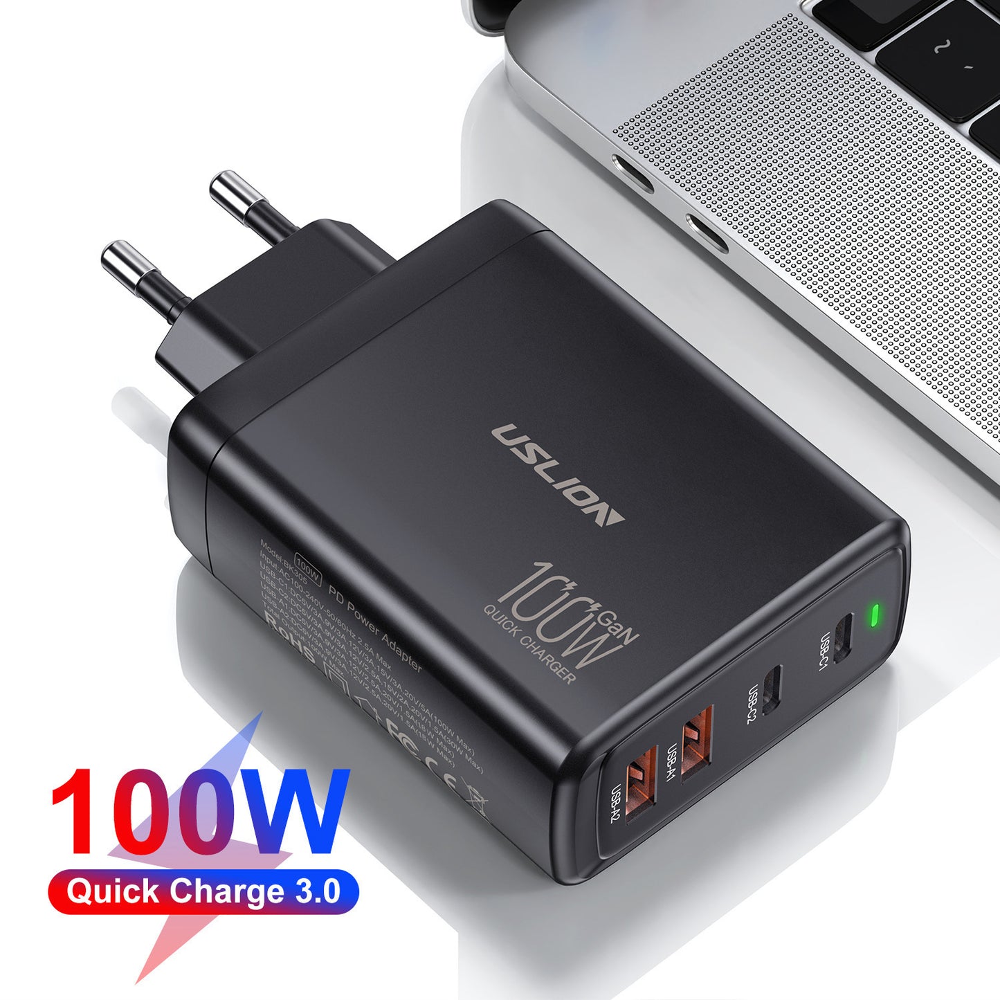 Chargeur rapide 100W GaN à 4 ports – puissance, sécurité et design compact pour tous vos appareils.