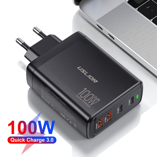 Chargeur rapide 100W GaN à 4 ports – puissance, sécurité et design compact pour tous vos appareils.