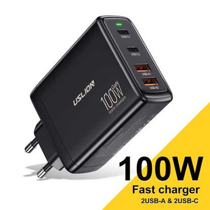 Chargeur rapide 100W GaN à 4 ports – puissance, sécurité et design compact pour tous vos appareils.