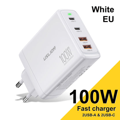 Chargeur rapide 100W GaN à 4 ports – puissance, sécurité et design compact pour tous vos appareils.