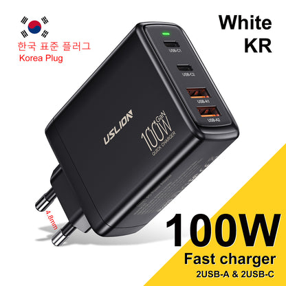 Chargeur rapide 100W GaN à 4 ports – puissance, sécurité et design compact pour tous vos appareils.